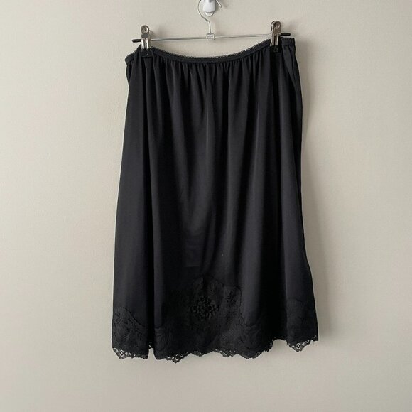 VINTAGE 80s Womens Elastic Waist Slip Skirt Lace Hem Black Large - Picture 3 of 6